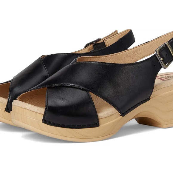 Dansko Tasha black leather sandals with a wood-look platform sole - Picture 1 of 9